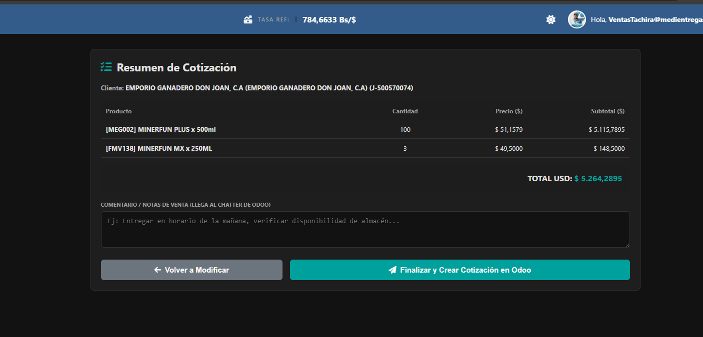Pantalla de resumen final de la cotización