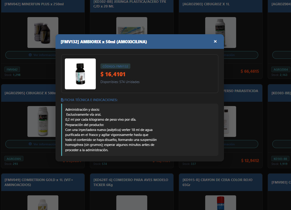 Ventana emergente con la ficha técnica del producto
