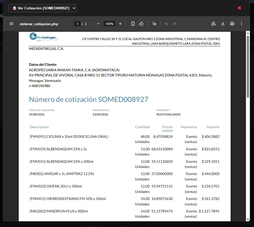 Documento PDF oficial de Cotización