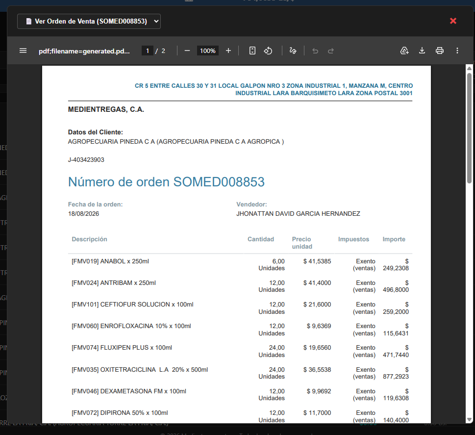 Documento PDF oficial de Orden de Venta